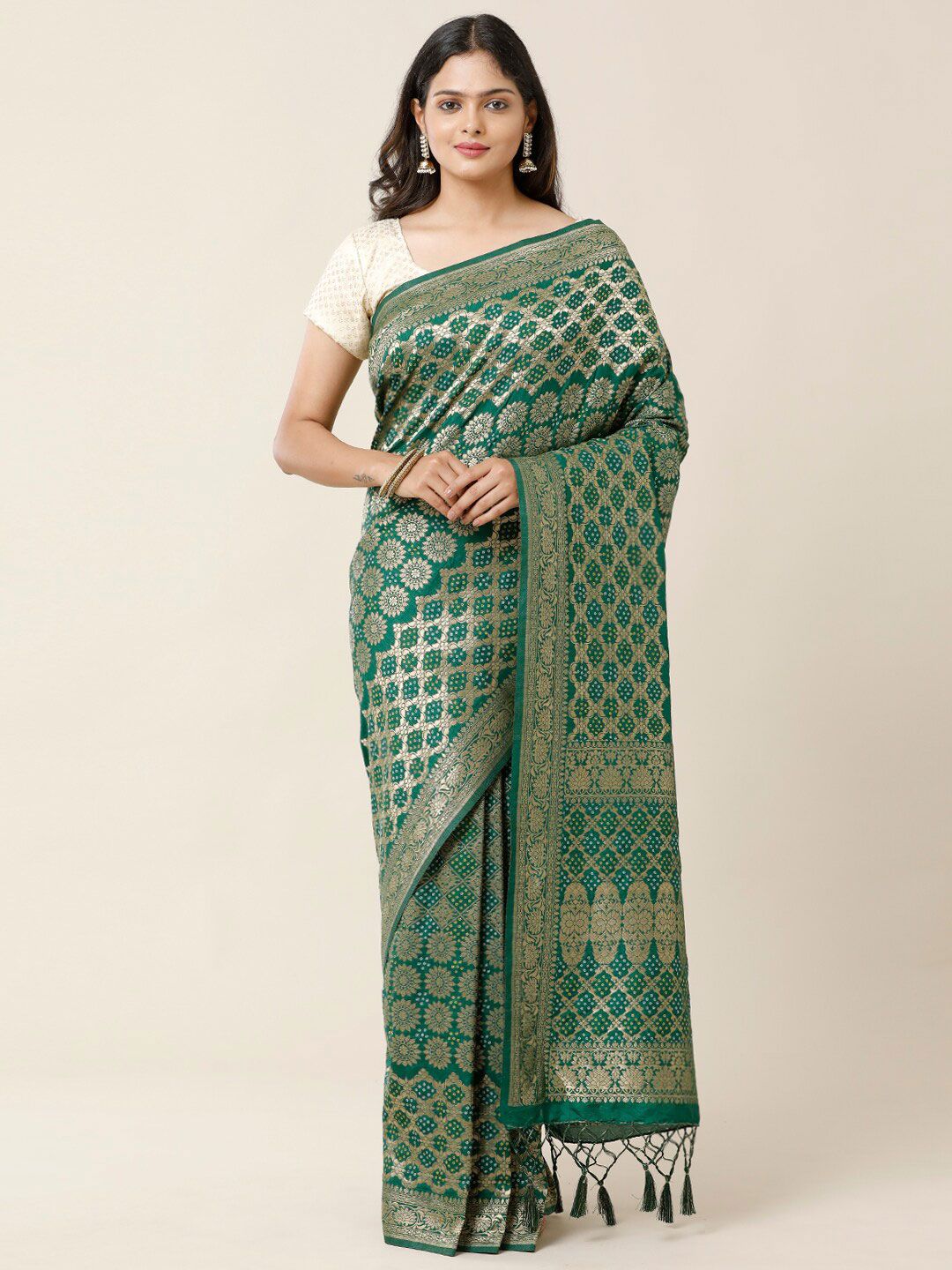 SAMITTE Green & Gold-Toned Woven Design Zari Saree Price in India