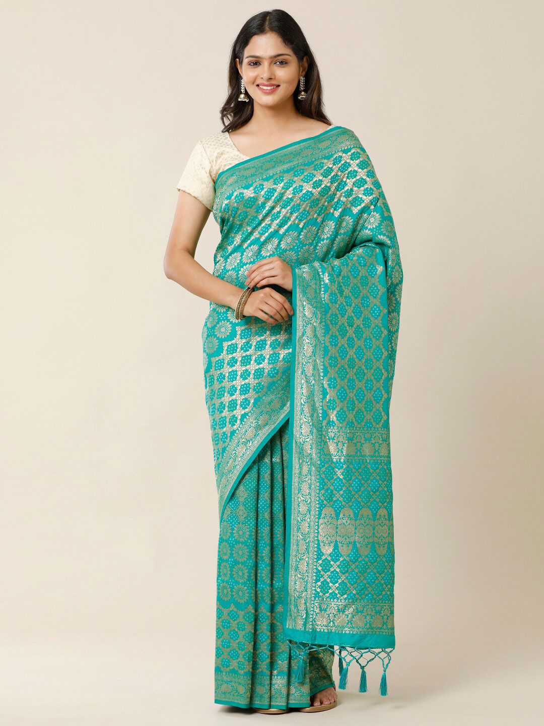 SAMITTE Sea Green & Gold-Toned Woven Design Zari Saree Price in India