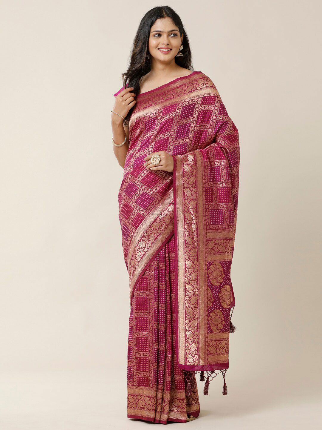 SAMITTE Pink & Gold-Toned Bandhani Zari Saree Price in India