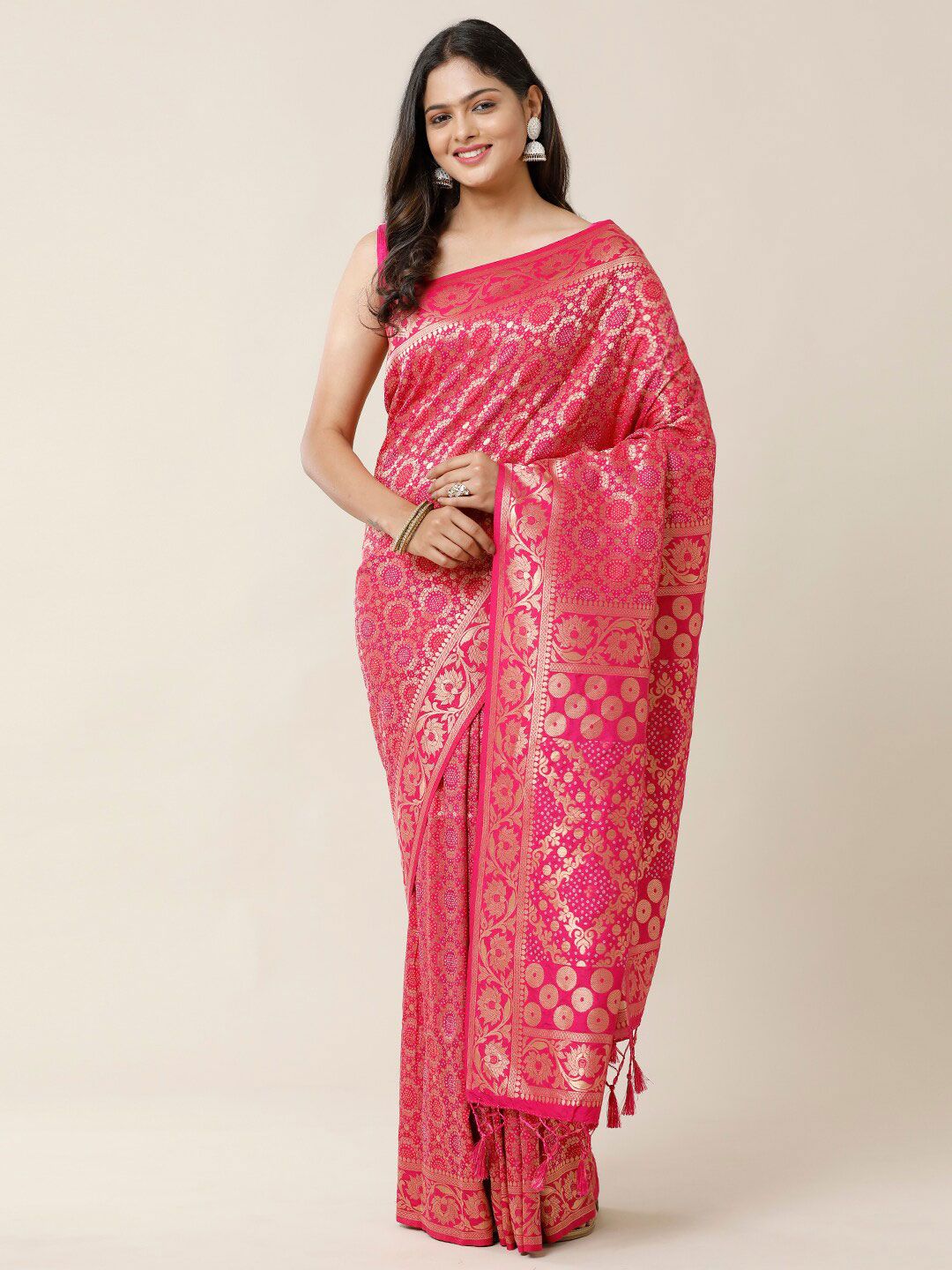 SAMITTE Pink & Gold-Toned Ethnic Motifs Zari Saree Price in India