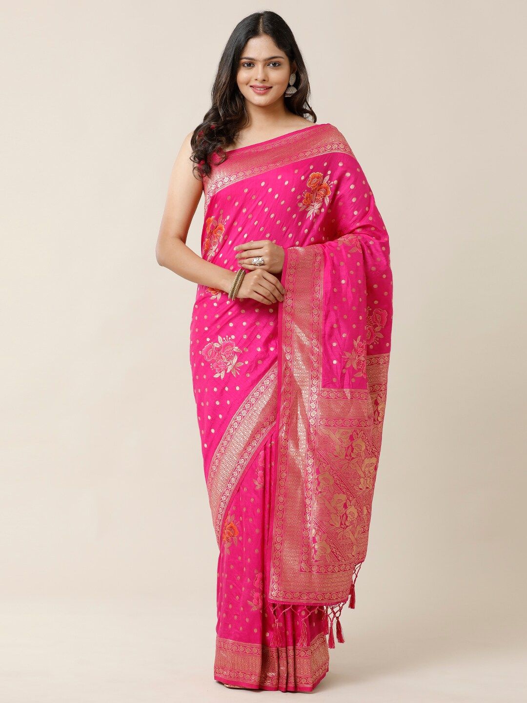 SAMITTE Pink & Gold-Toned Floral Zari Banarasi Saree Price in India