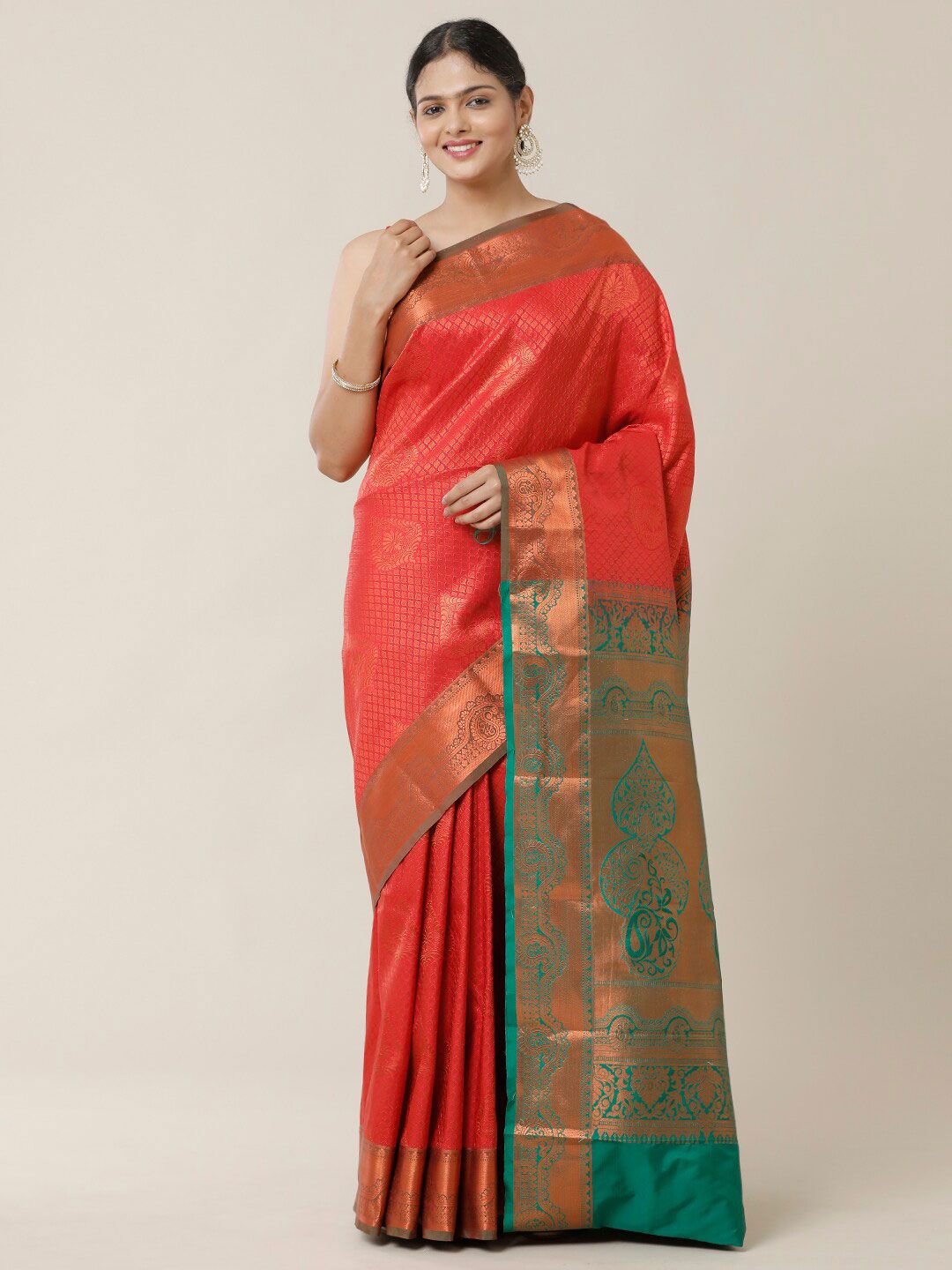 SAMITTE Red & Green Ethnic Motifs Zari Dharmavaram Saree Price in India