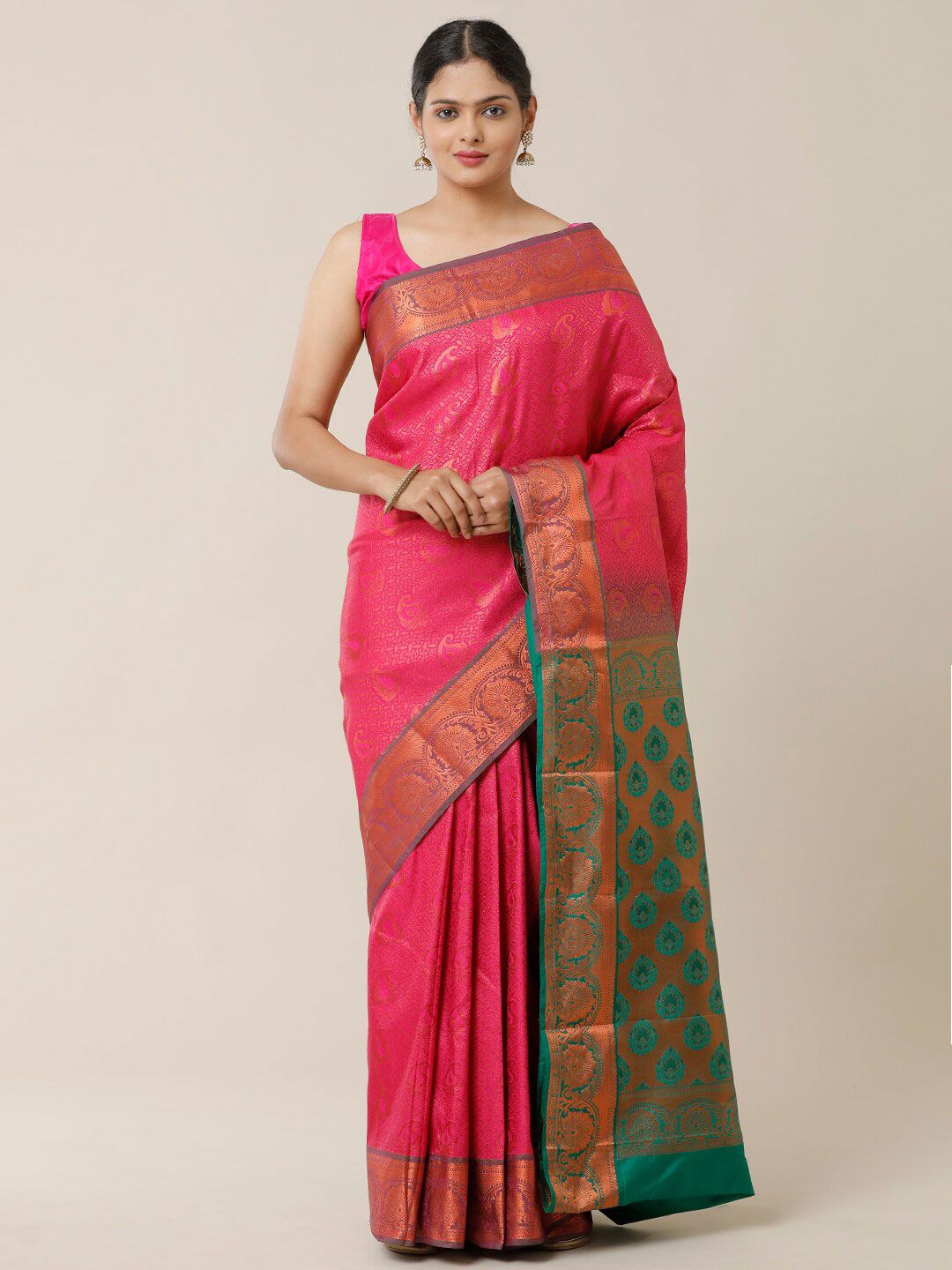 SAMITTE Pink & Green Ethnic Motifs Zari Dharmavaram Saree Price in India