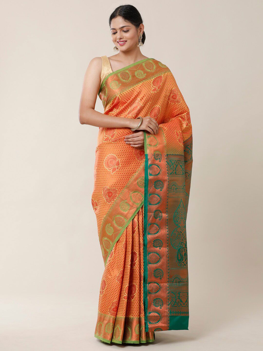 SAMITTE Orange & Green Woven Design Zari Silk Blend Dharmavaram Saree Price in India