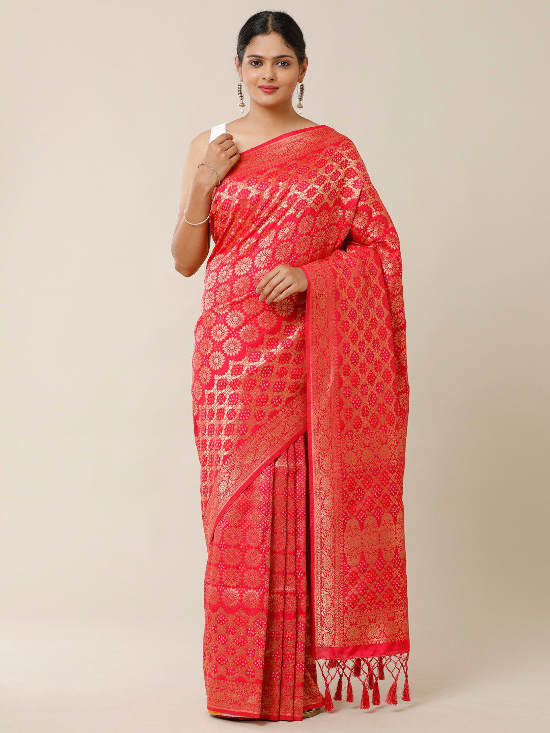 SAMITTE Red & Gold-Toned Woven Design Zari Bandhani Saree Price in India