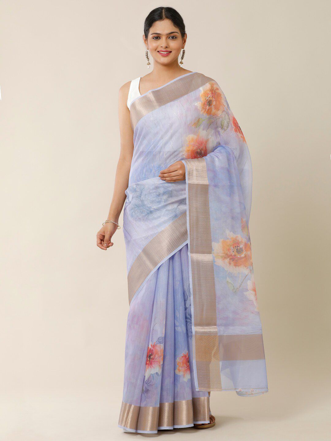 SAMITTE Lavender & Peach-Coloured Floral Zari Saree Price in India