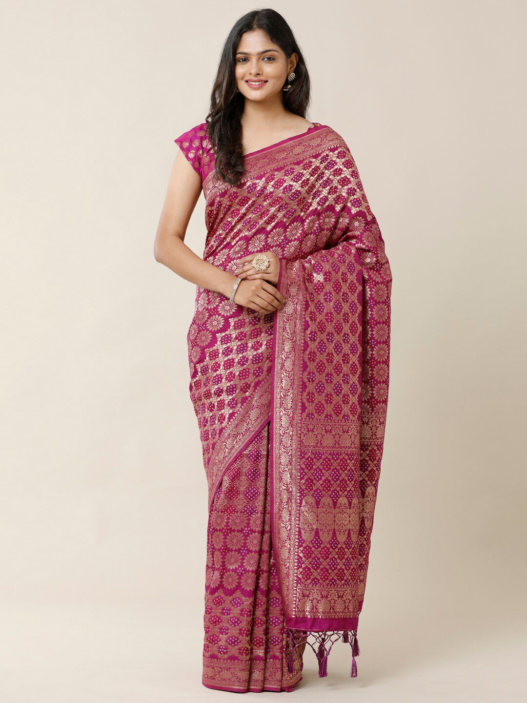 SAMITTE Magenta & Gold-Toned Woven Design Zari Bandhani Saree Price in India