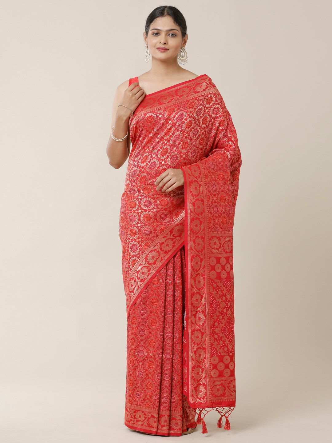 SAMITTE Red & Gold-Toned Woven Design Zari Bandhani Saree Price in India