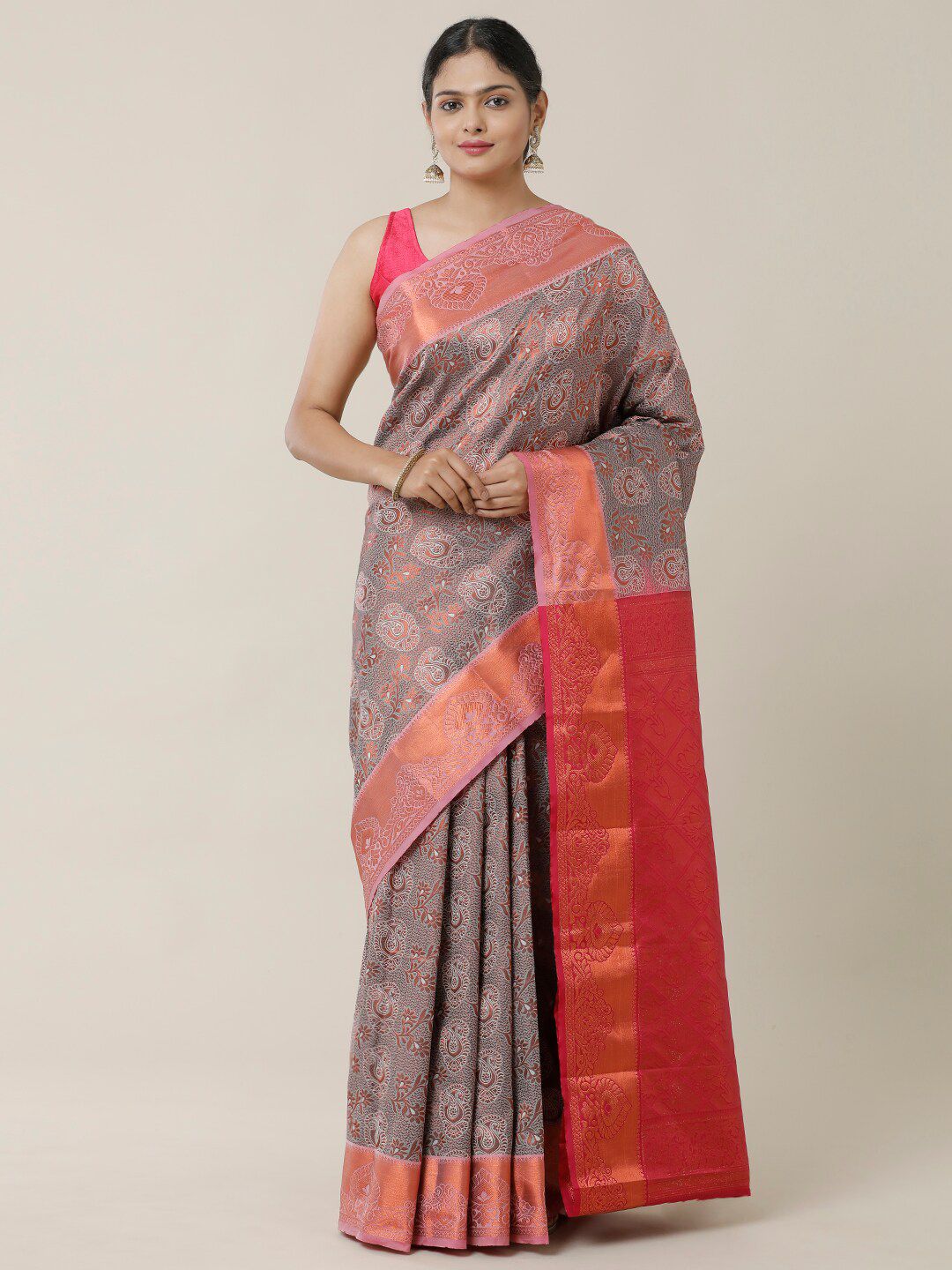 SAMITTE Grey & Red Ethnic Motifs Zari Silk Blend Dharmavaram Saree Price in India