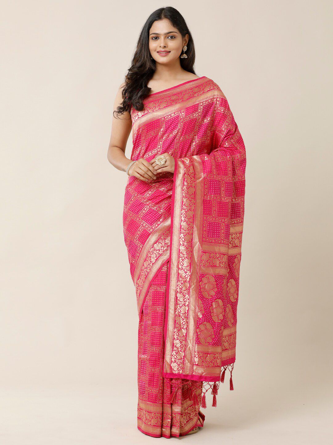 SAMITTE Pink & Gold-Toned Zari Bandhani Saree Price in India