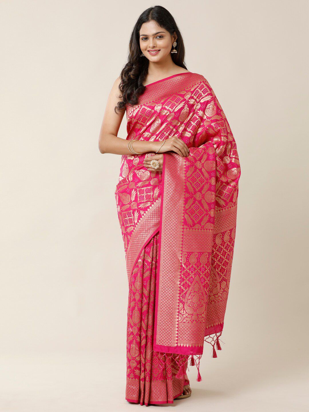 SAMITTE Pink & Gold-Toned Ethnic Motifs Zari Bandhani Saree Price in India