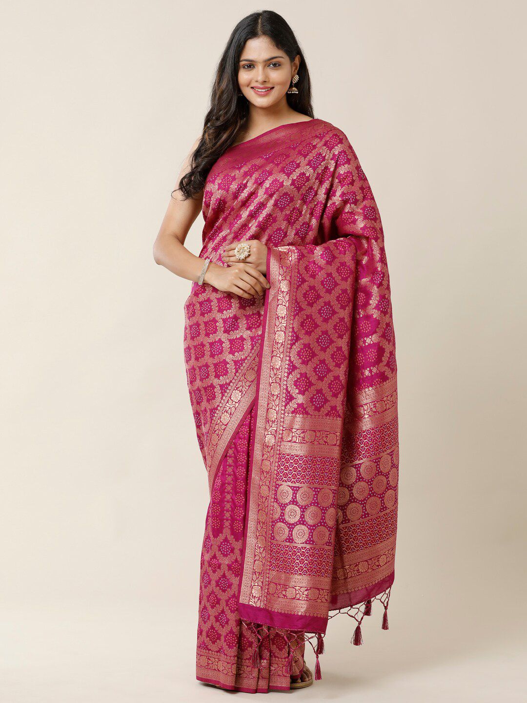 SAMITTE Magenta & Gold-Toned Zari Bandhani Saree Price in India