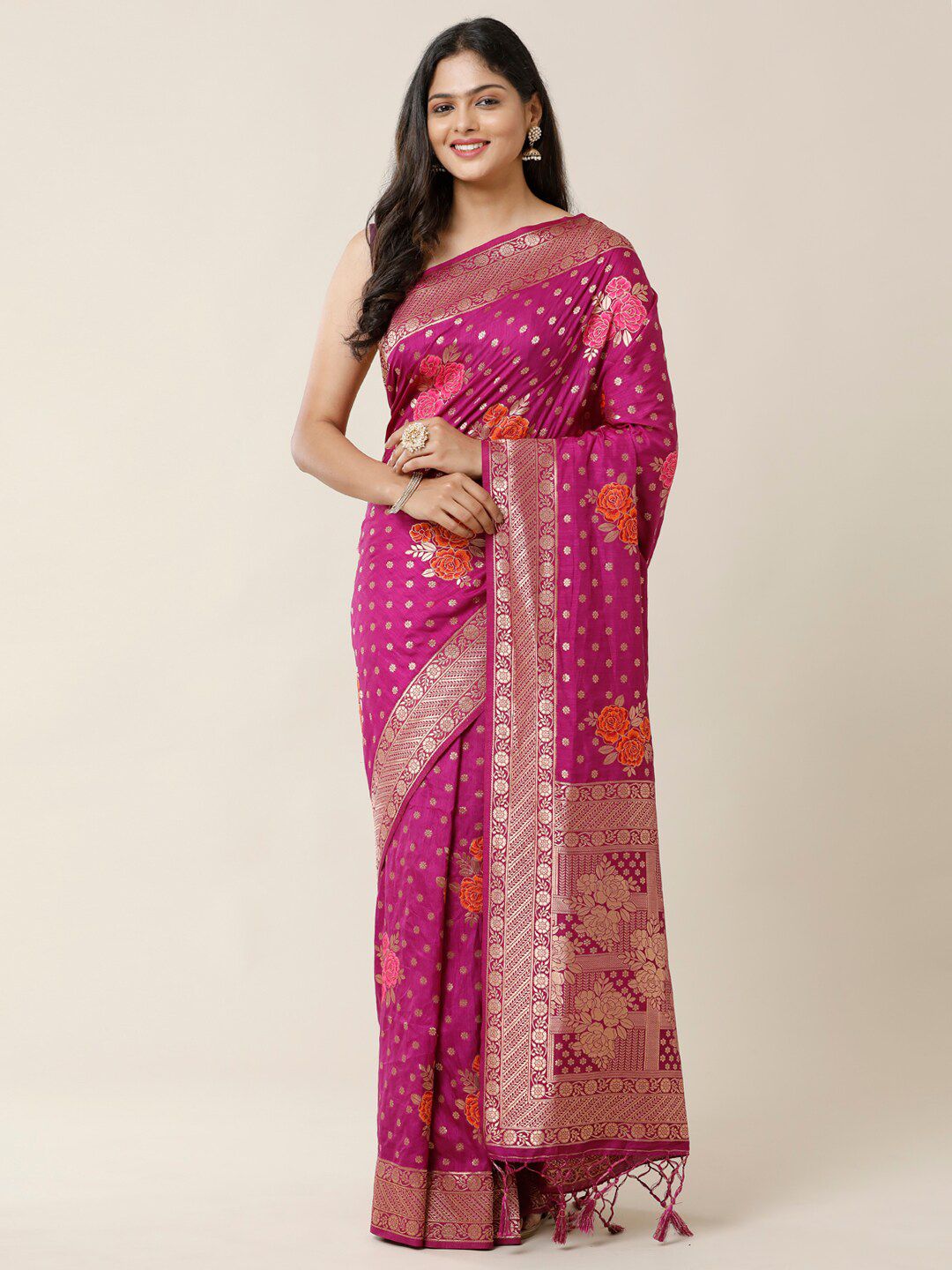 SAMITTE Magenta & Pink Floral Zari Banarasi Saree Price in India