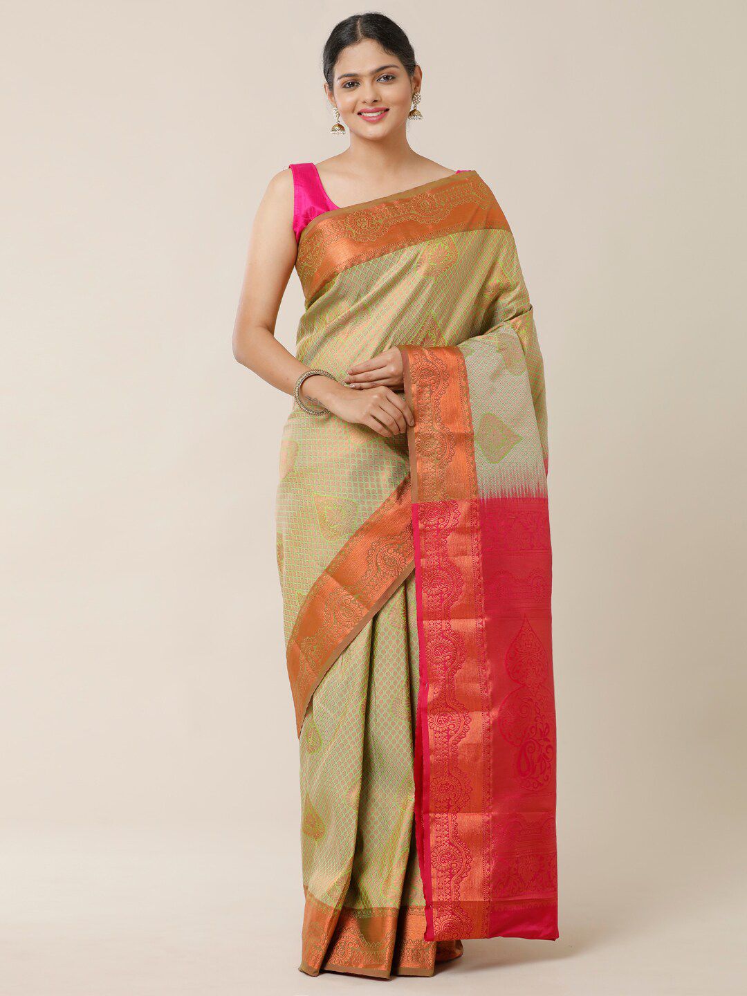 SAMITTE Sea Green & Red Ethnic Motifs Zari Silk Blend Dharmavaram Saree Price in India