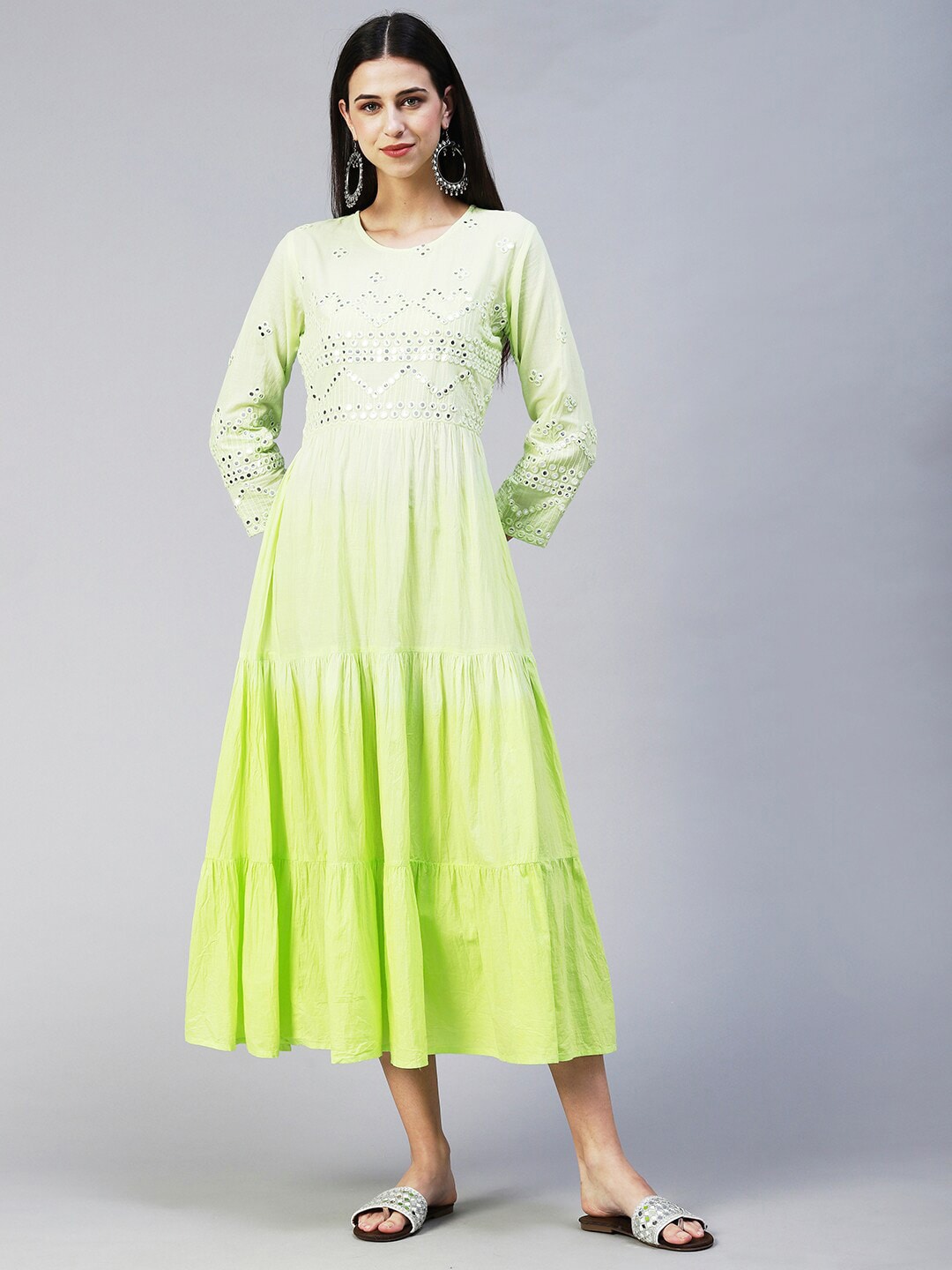 FASHOR Women Green Maxi Cotton Dress Price in India