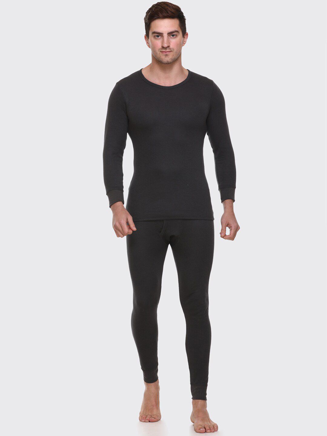 Aerowarm Men Charcoal Grey Ribbed Thermal T-Shirt & Bottom