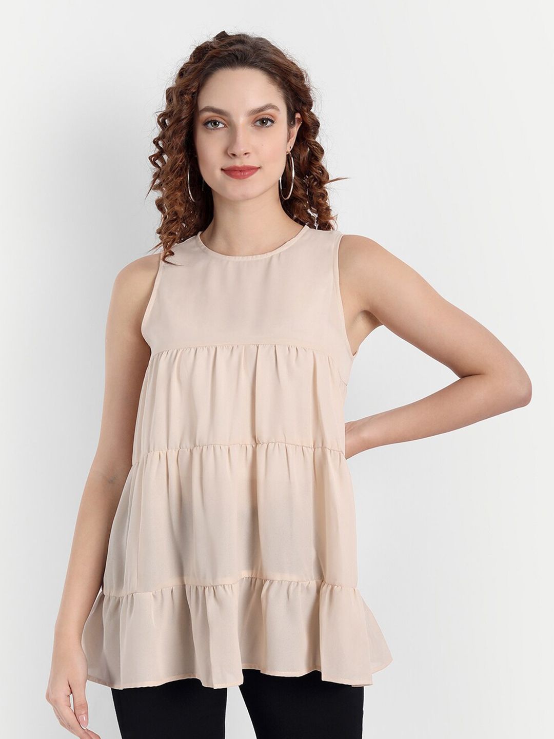 PARASSIO CLOTHINGS Women Cream-Coloured Georgette Tiered Top Price in India