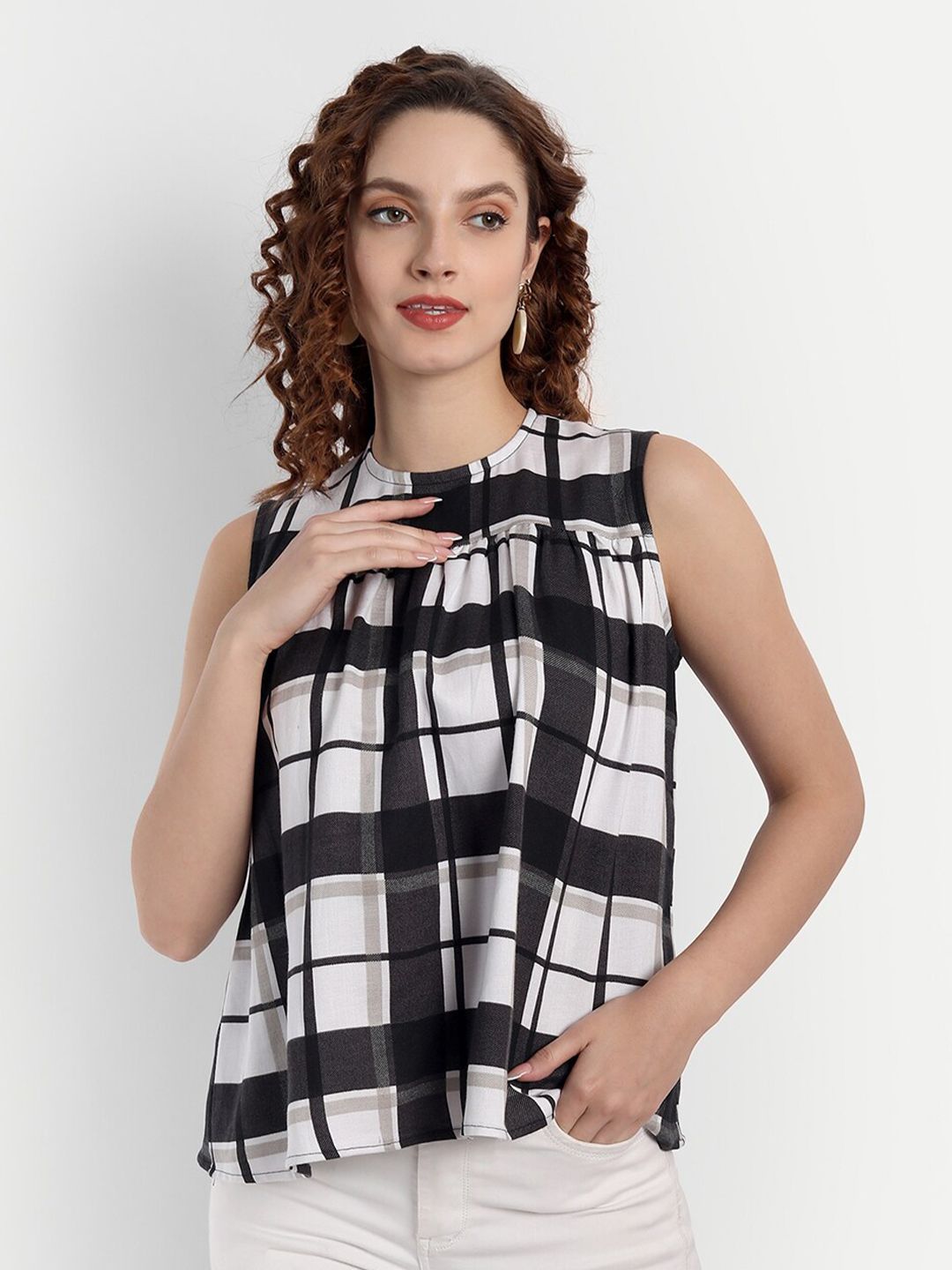 PARASSIO CLOTHINGS Black Checked Crepe Top Price in India