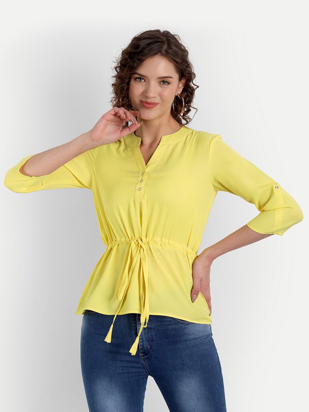 PARASSIO CLOTHINGS Women Yellow Mandarin Collar Georgette Cinched Waist Top Price in India