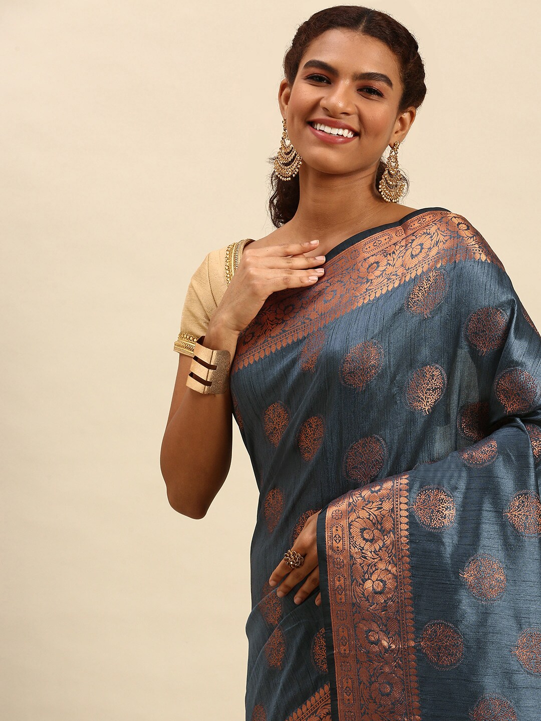 SANGAM PRINTS Grey & Copper-Toned Woven Design Silk Blend Saree Price in India