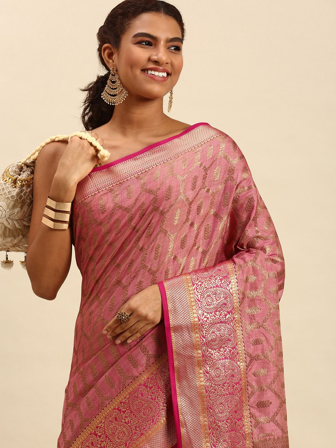 SANGAM PRINTS Pink & Golden Woven Design Silk Blend Saree Price in India