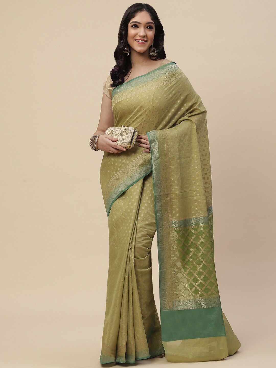 Meena Bazaar Green & Gold-Toned Woven Design Zari Pure Cotton Saree Price in India