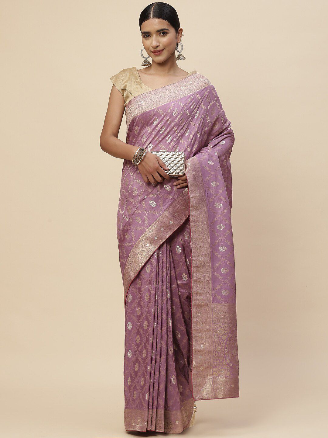 Meena Bazaar Lavender & Gold-Toned Woven Design Zari Pure Silk Saree Price in India