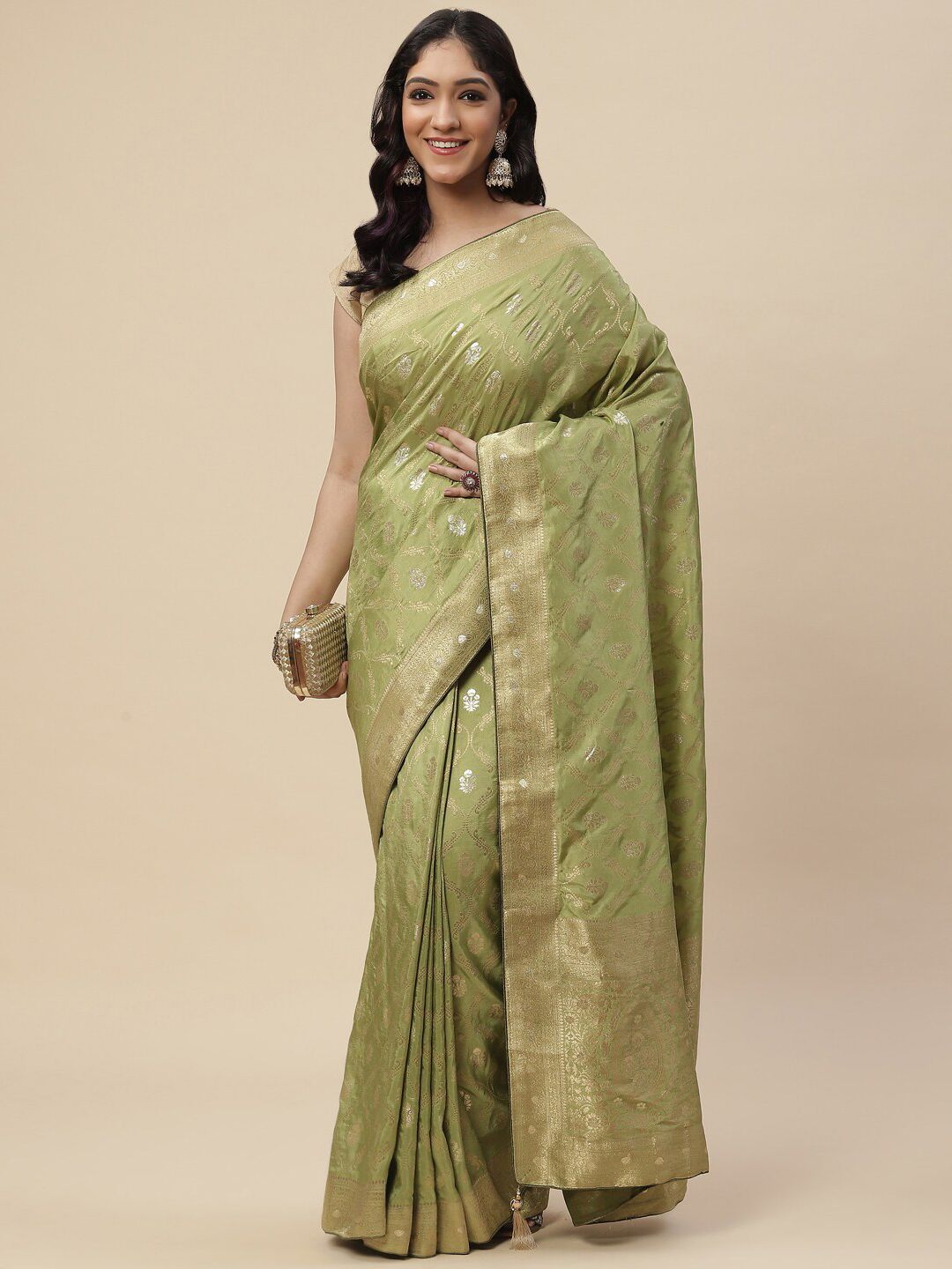 Meena Bazaar Green & Gold-Toned Woven Design Zari Pure Silk Saree Price in India