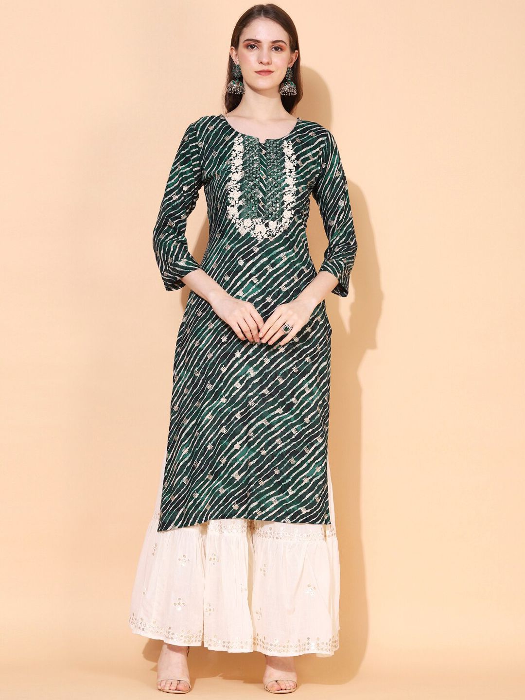 FASHOR Women Green & White Leheriya Printed Straight Kurta Price in India