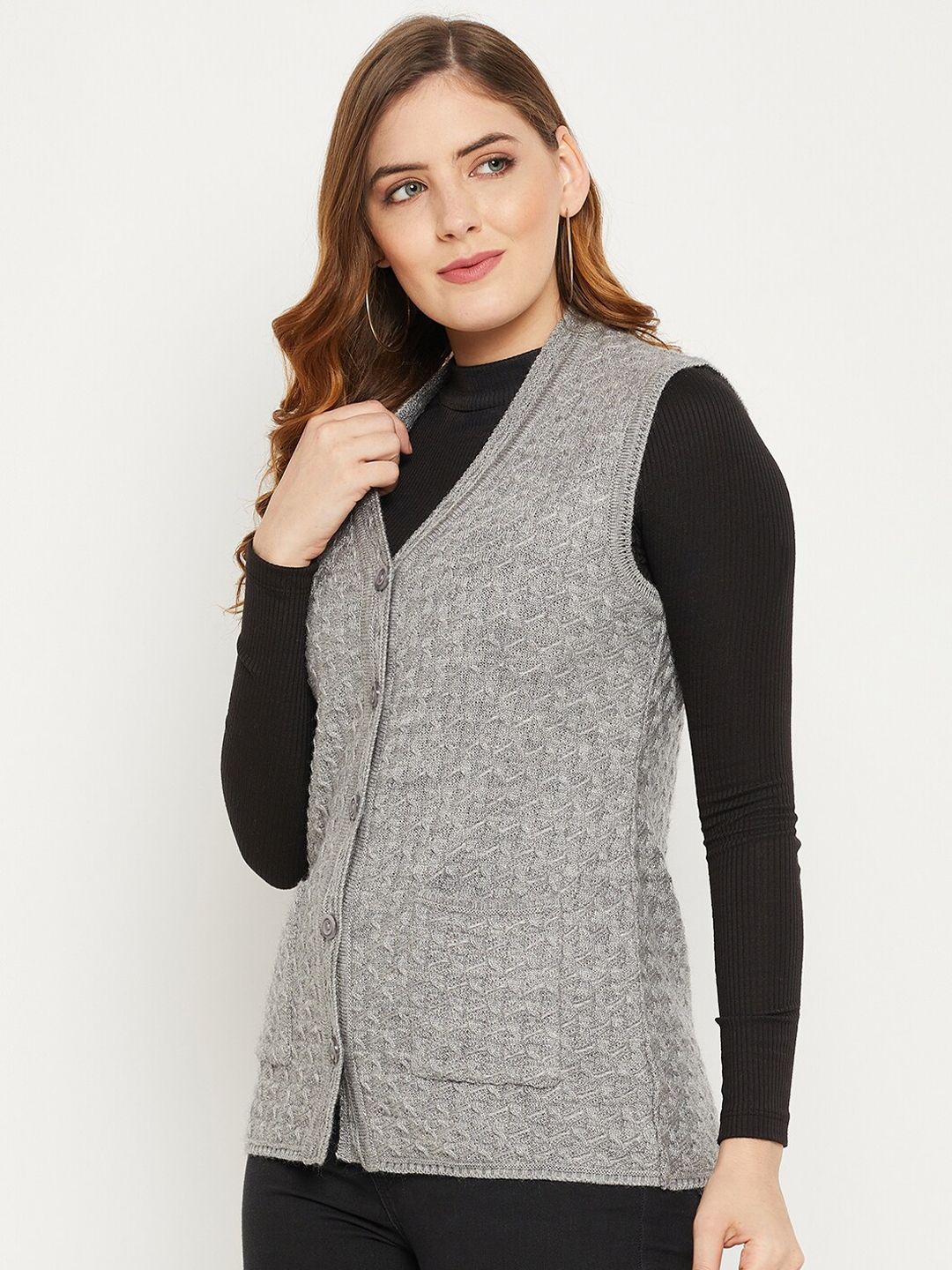 Buy Zigo Women Grey Self Design Cable Knit Wool Cardigan Sweater