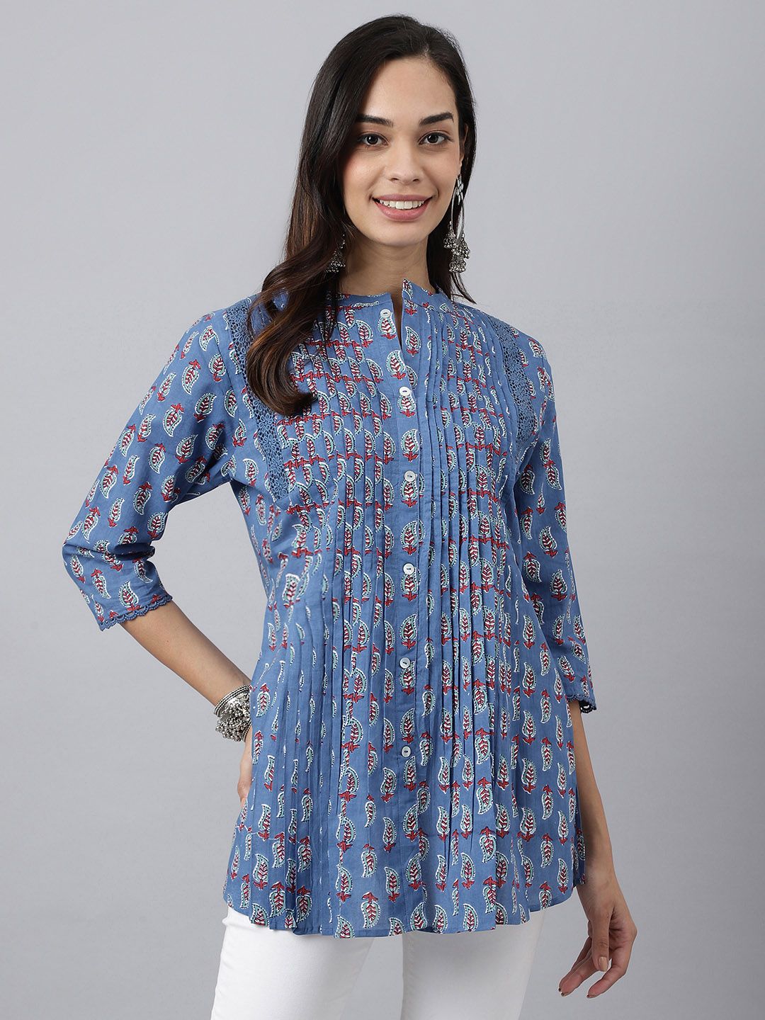 MEESAN Blue & Red Print Mandarin Collar Longline Pure Cotton Ethnic Top Price in India