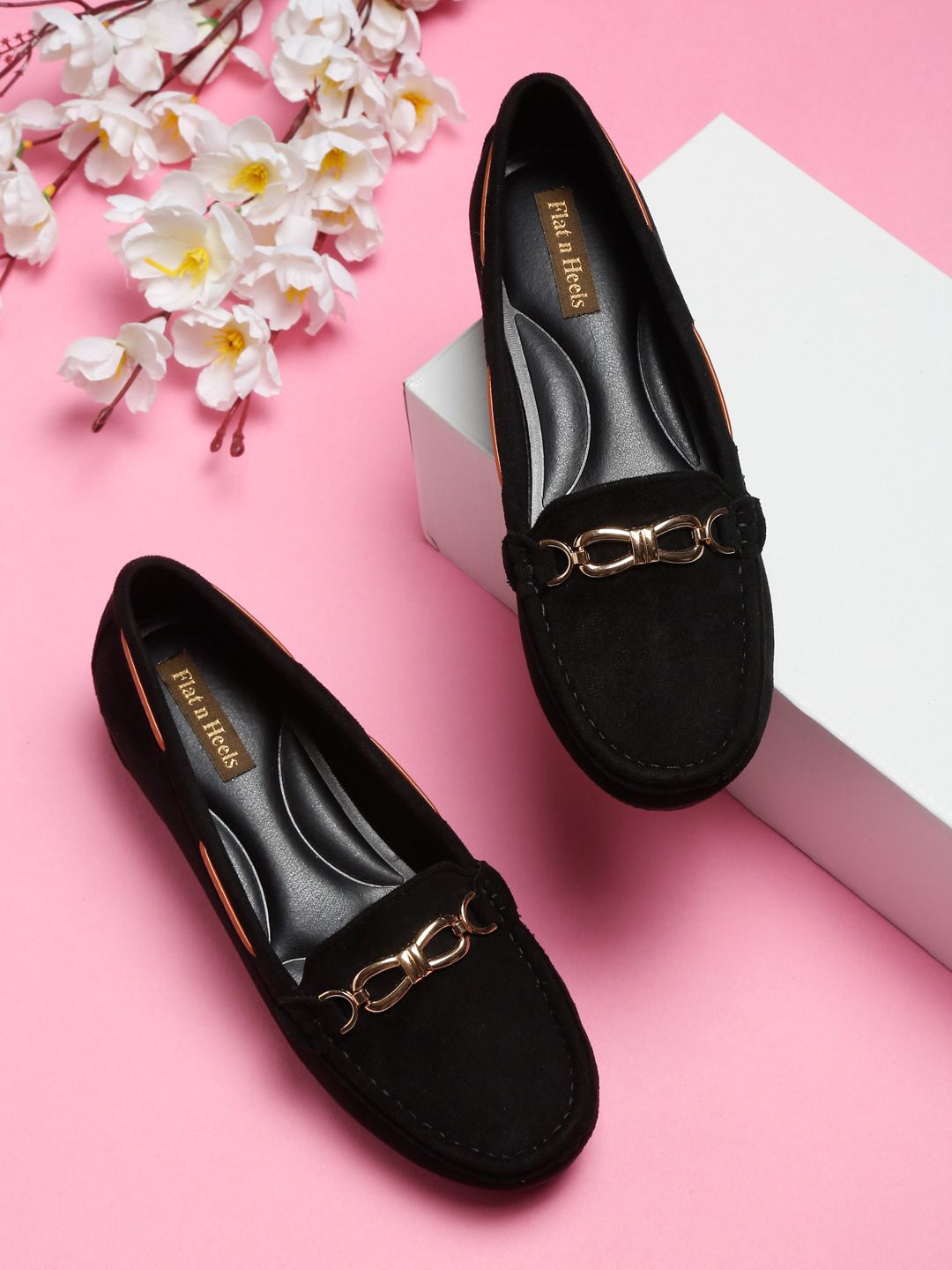 Flat n Heels Women Black Solid Suede Loafers Price in India