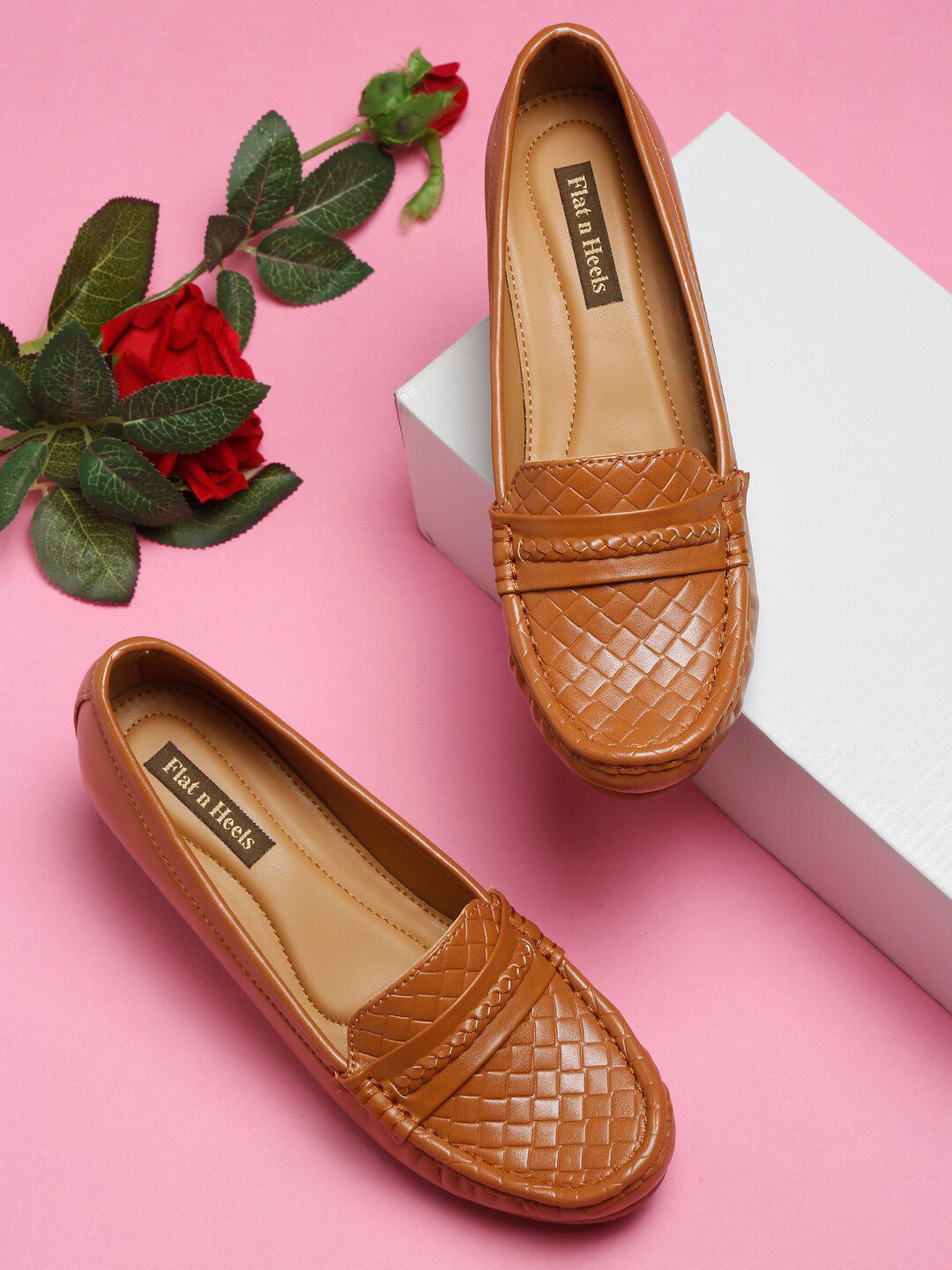 Flat n Heels Women Tan Brown Woven Design Loafers Price in India