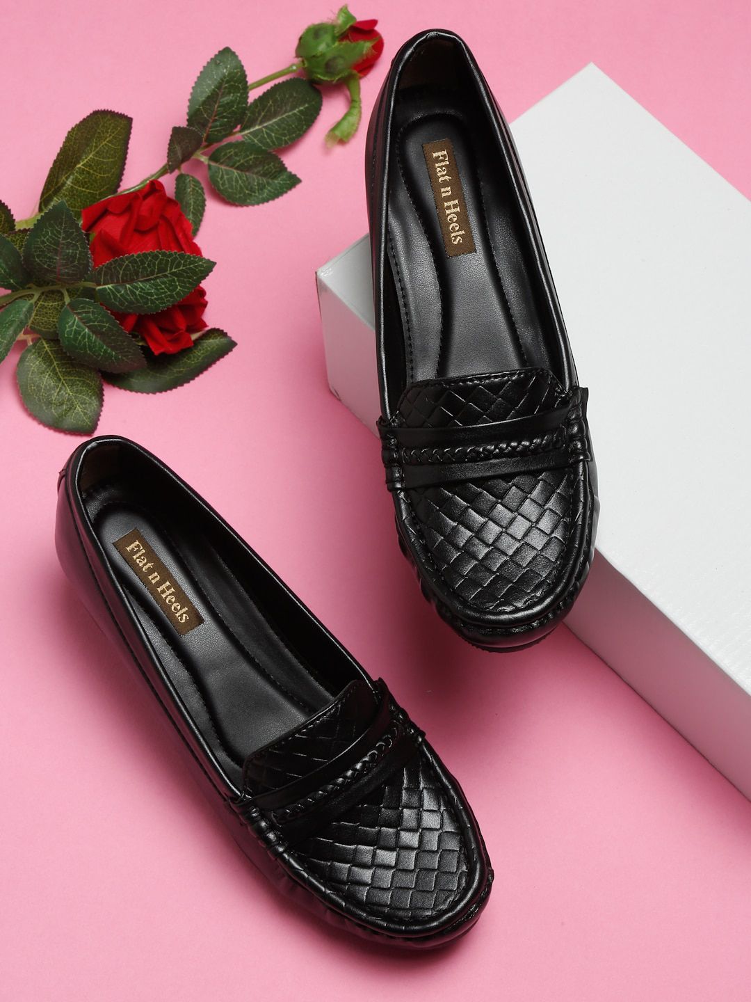 Flat n Heels Women Black Woven Design Loafers Price in India