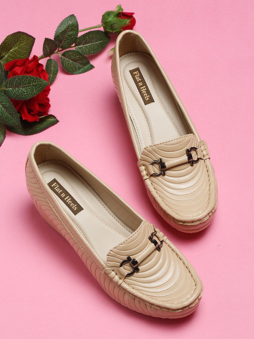 Flat n Heels Women Beige Woven Design Loafers Price in India