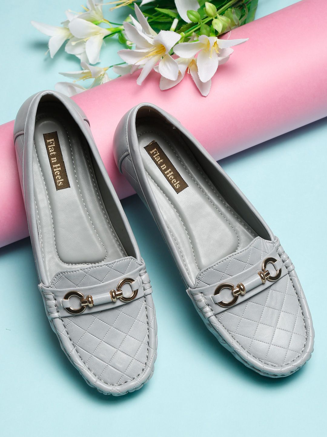 Flat n Heels Women Grey Woven Design Loafers Price in India