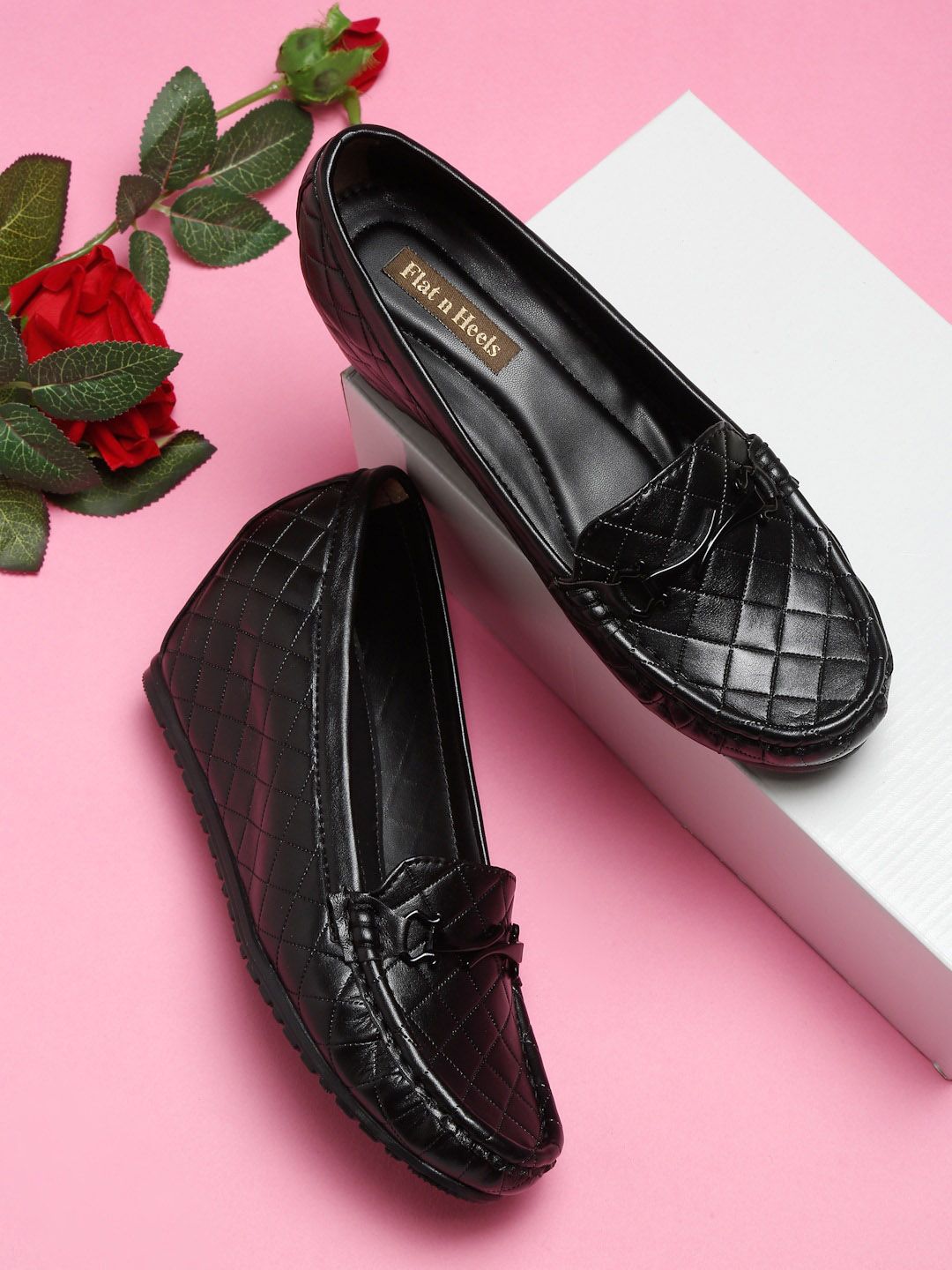 Flat n Heels Women Black Woven Design Loafers Price in India