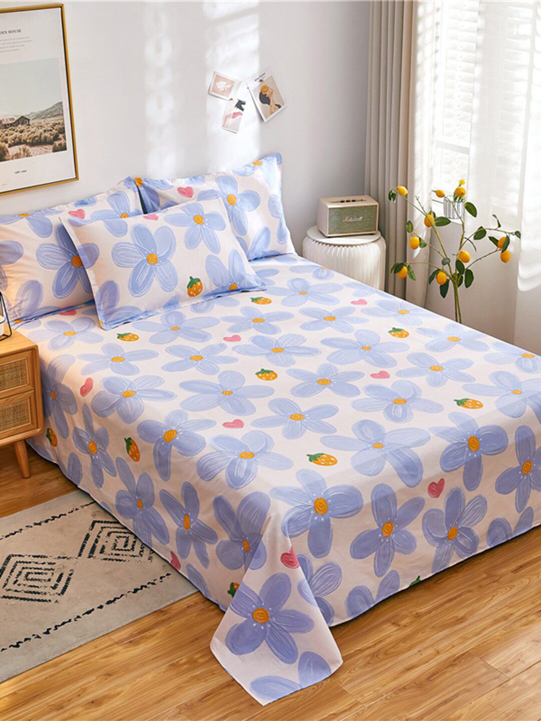 JC HOME Pink & Blue Printed 186 TC Cotton Queen Bed Cover with 2 Pillow Covers