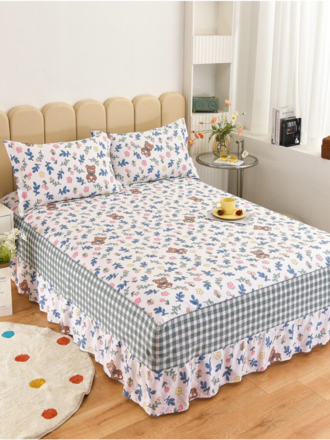 JC HOME Pink & Blue Floral Printed 200 TC Cotton Single Bed Cover & 1 Pillow Cover