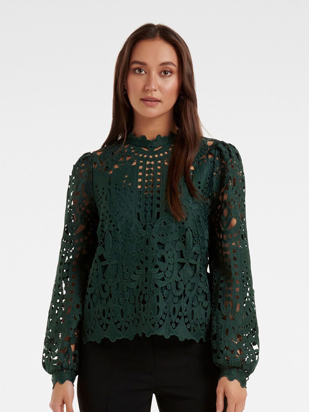 Forever New Women Green Bishop Sleeves Lace Top Price in India