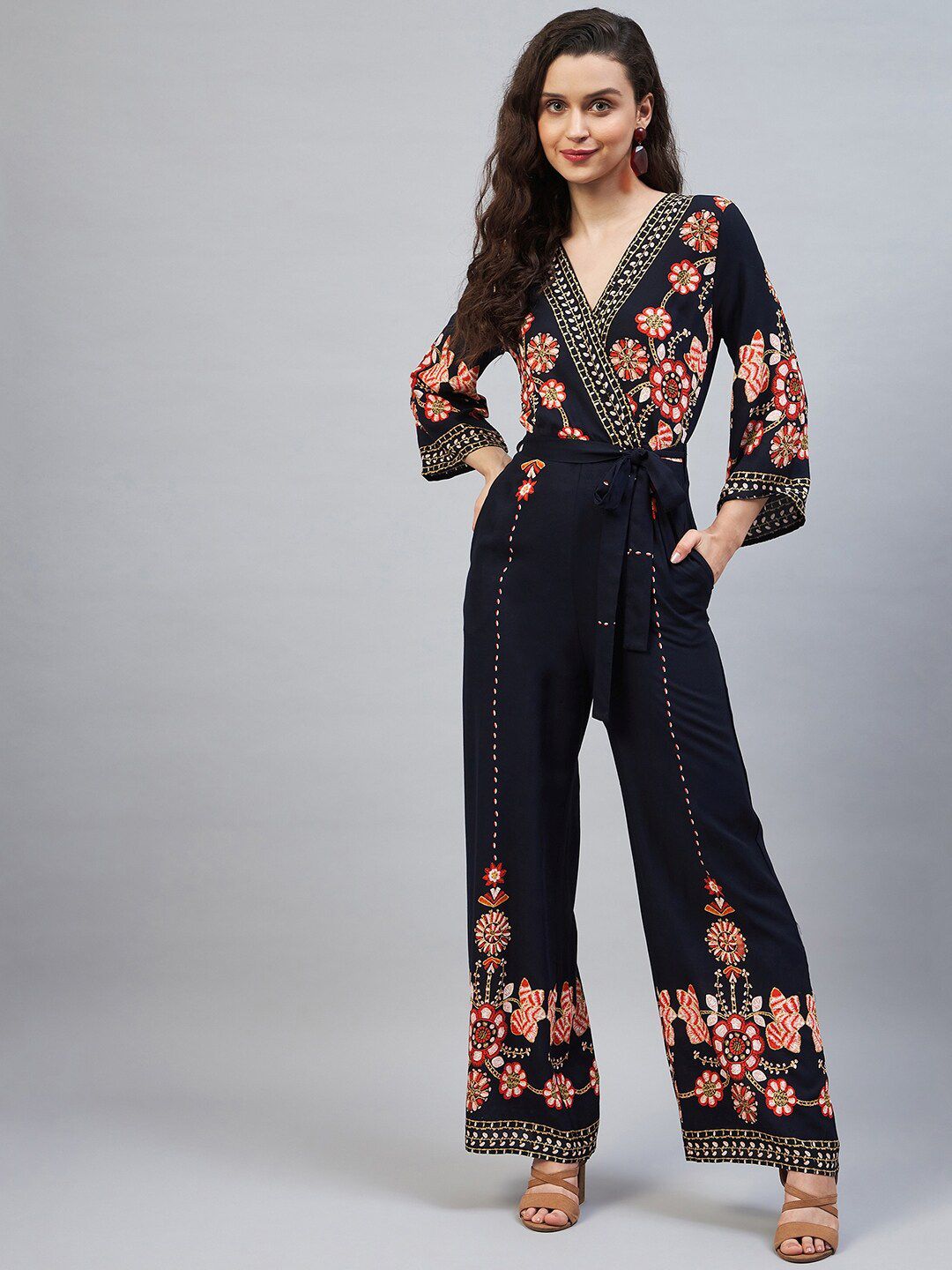 StyleStone Women Navy Blue & Red Floral Printed Basic Jumpsuit Price in India