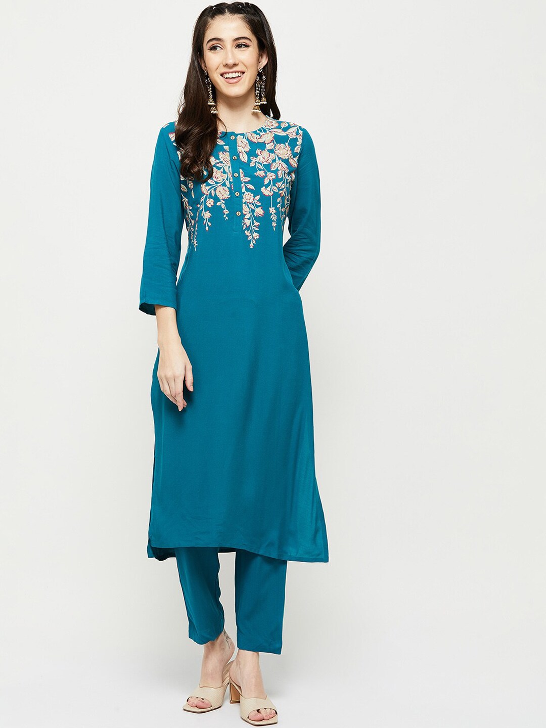 max Women Blue Printed Kurta with Trousers Price in India