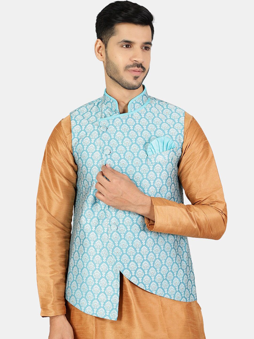 Wintage Men Blue Woven Design Nehru Jacket
