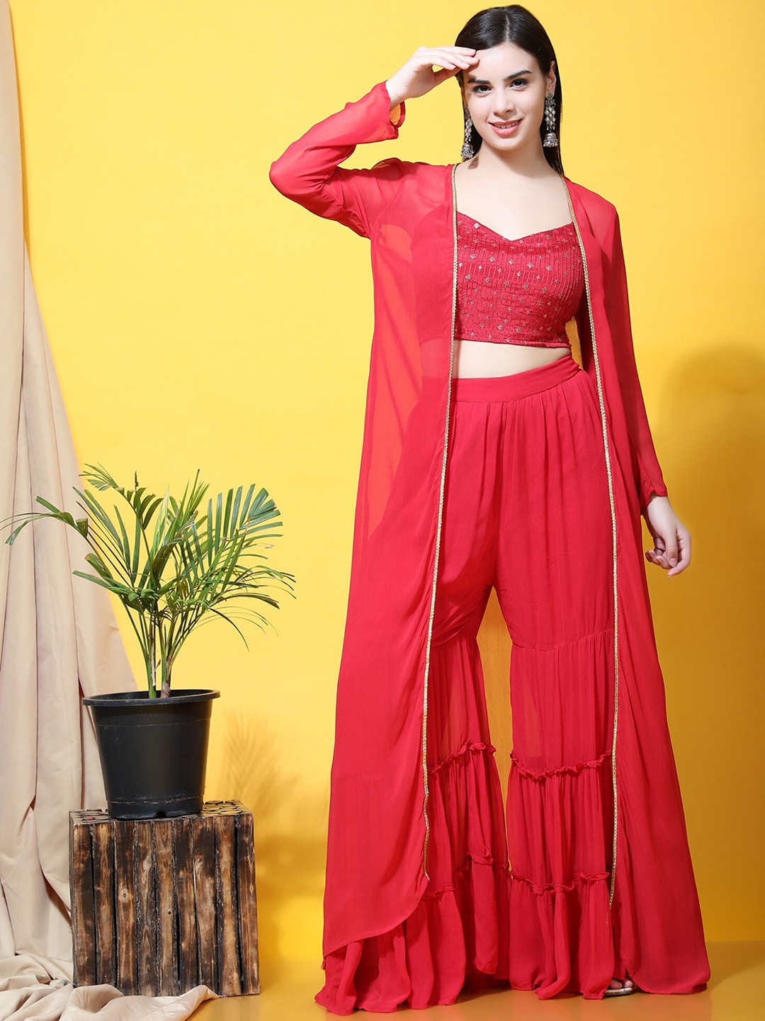 Purple State Women Red Embroidered Top with Sharara Price in India