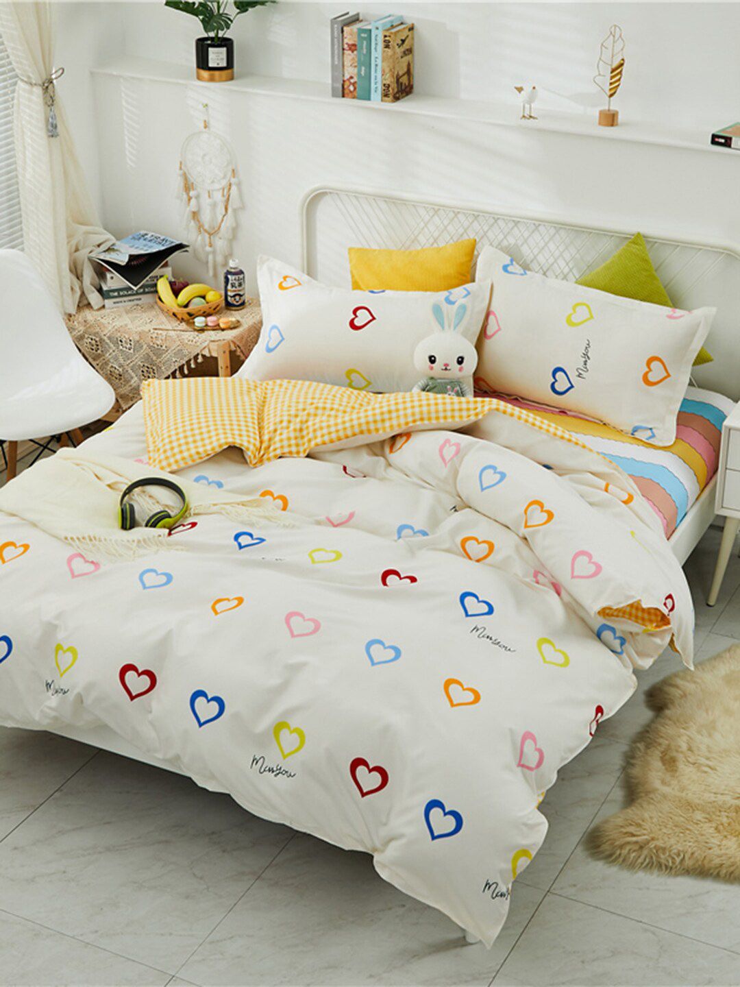 JC HOME White & Yellow Printed Double King Bedding Set