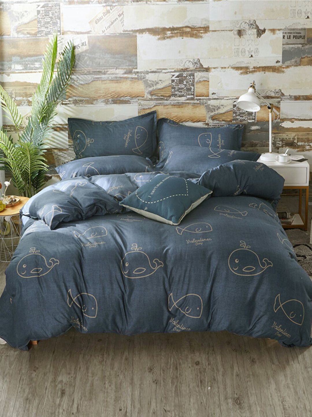 JC HOME Blue Printed Double King Bedding Set