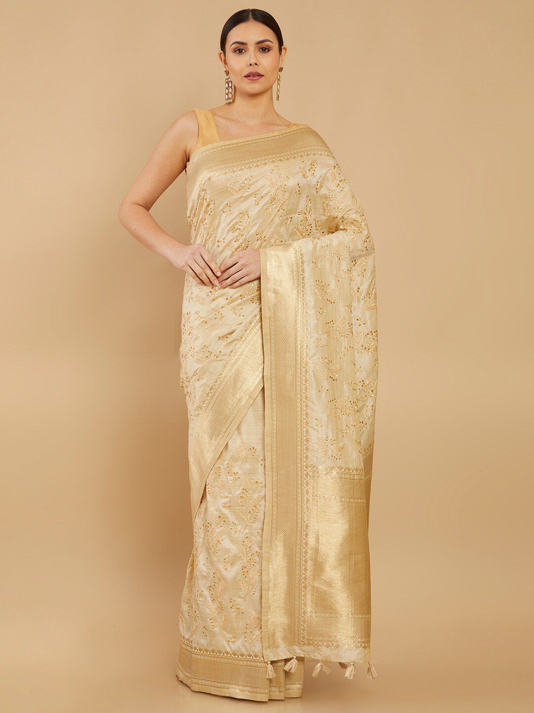 Soch Beige & Gold-Toned Ethnic Motifs Zari Silk Blend Saree Price in India