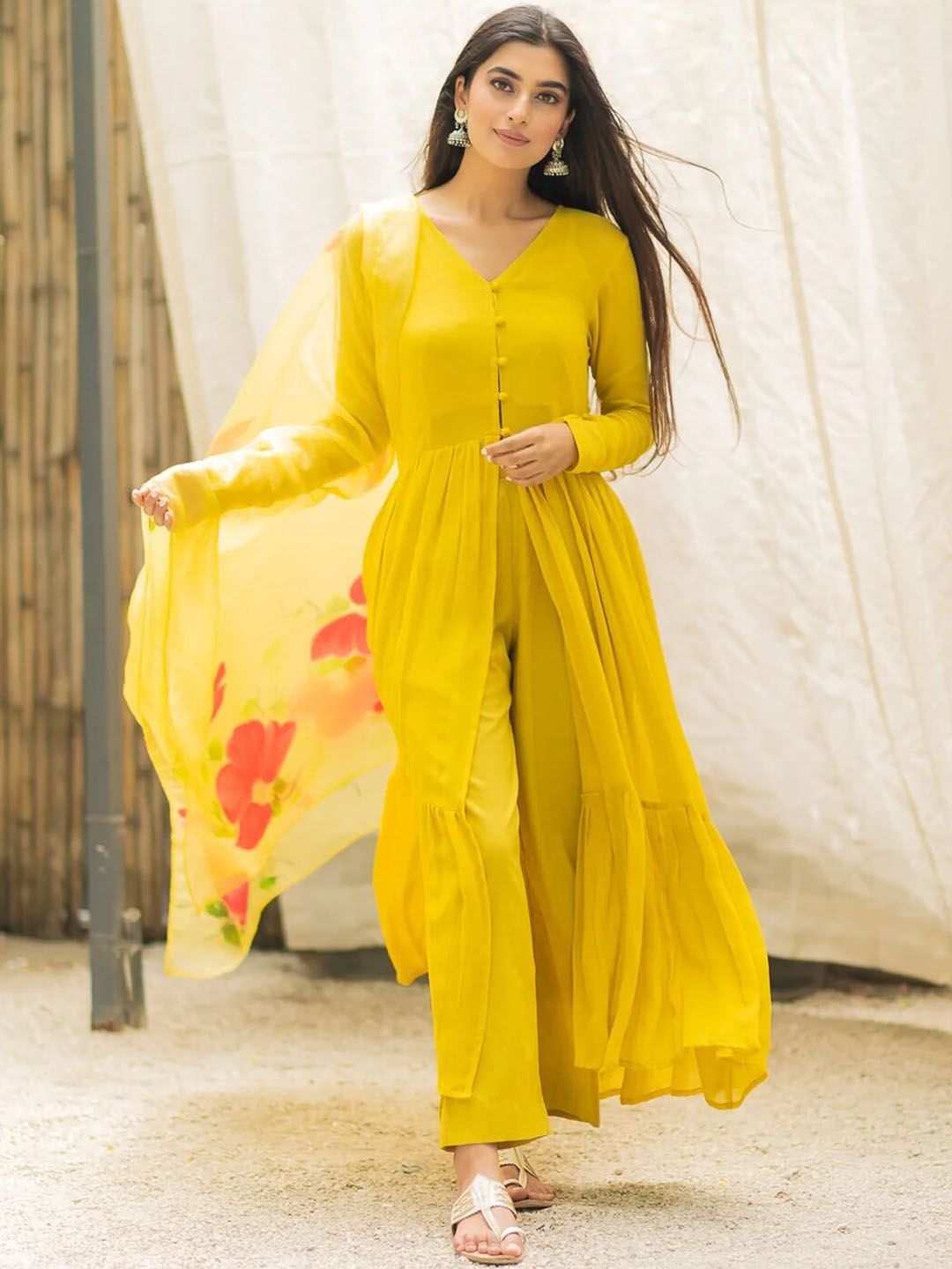 Ambraee Women Yellow Pleated Kurta & Trouser With Dupatta Price in India