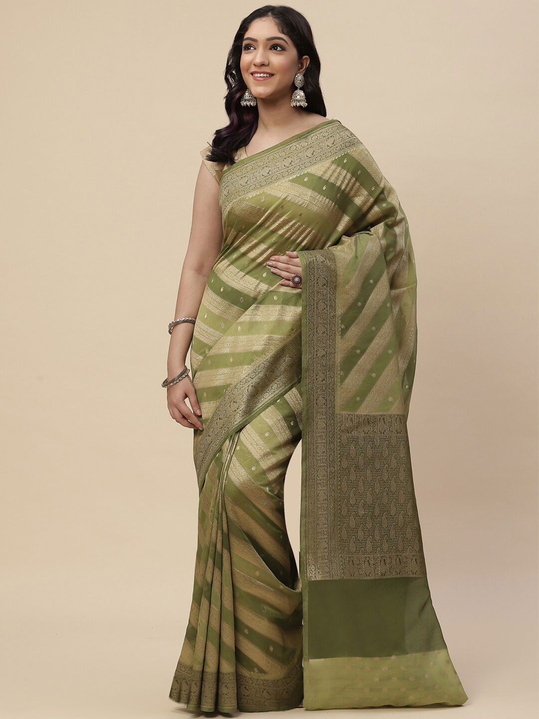 Meena Bazaar Women Green & Gold-Toned Paisley Zari Silk Cotton Kanjeevaram Saree Price in India