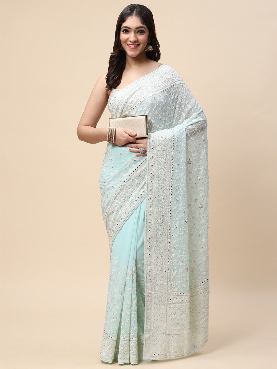 Meena Bazaar Women Sea Green & White Embellished Embroidered Saree Price in India